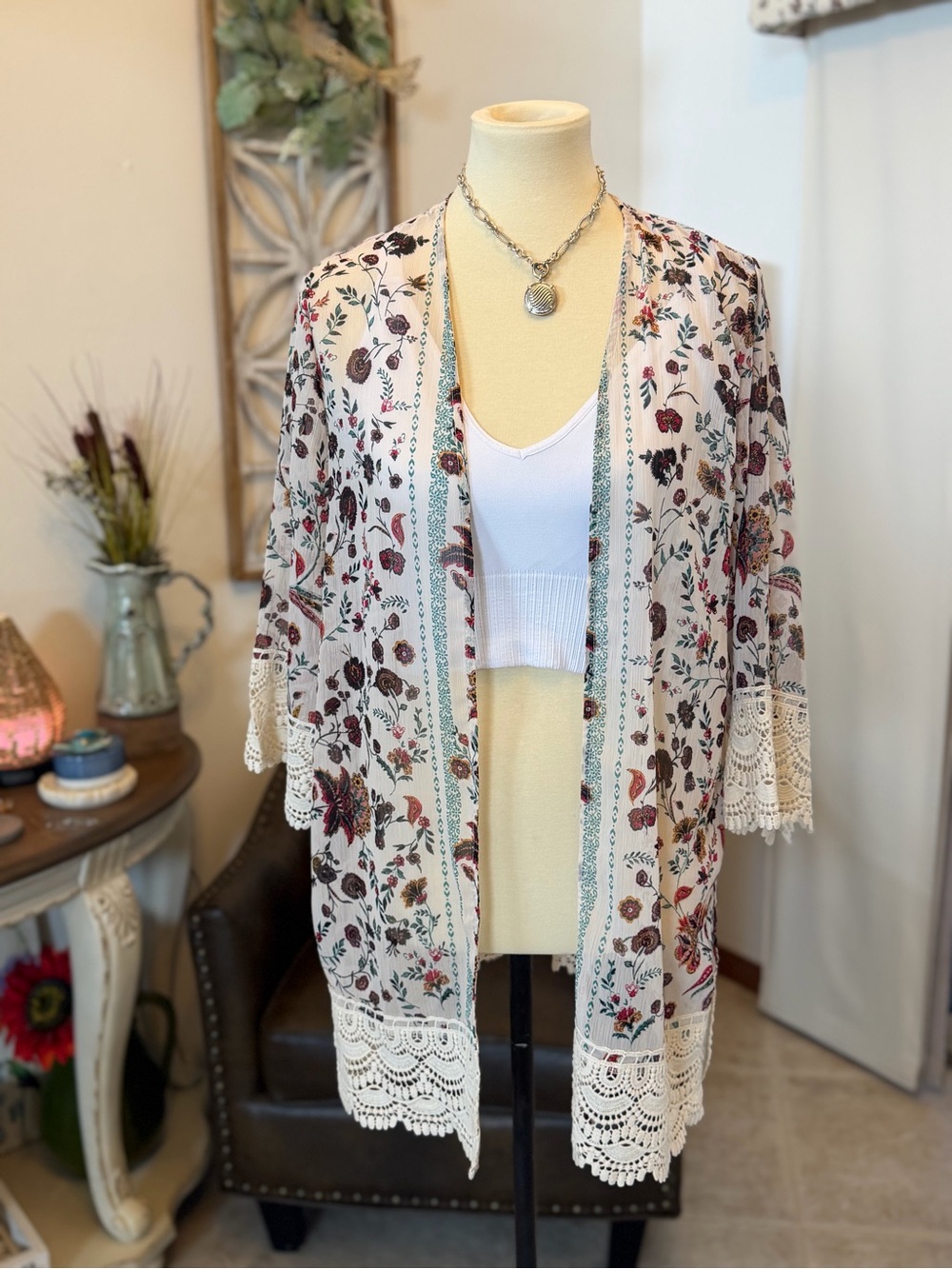 Floral Lace-Trim Open Front Kimono Cardigan - Cream